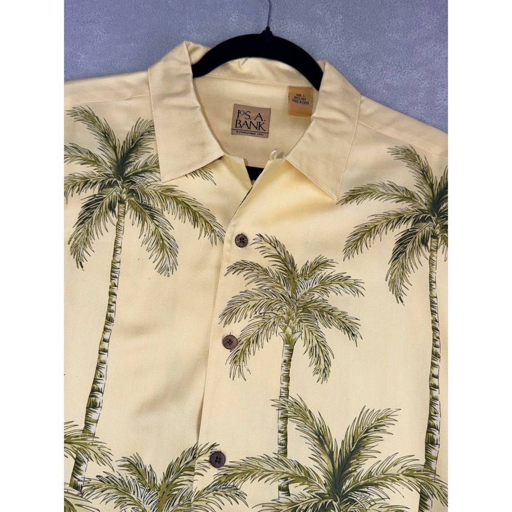 Jos A Bank Mens Large 100% Silk Palm Tree Tropical Camp Hawaiian Shirt Yellow